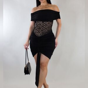 Part Laced Ruched Bow Knit Sexy Mini Dress-Black